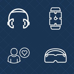 Premium set of outline vector icons. Such as wrist, online, music, earphone, glasses, listen, audio, fashion, modern, star, studio, subscribe, rating, mock-up, website, volume, hour, hand, equipment