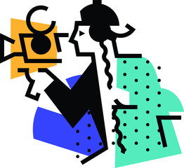 Illustration of the operator, director. Icon of a man with a movie camera. Man of visual art. Vector flat illustration. Logo for the studio. Sound technician. Abstract picture. A bright image for the 