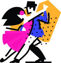 Illustration of a dancing man and woman. Icon ballroom, sports dances. Tango, waltz, Latin American dances. Vector flat illustration. Logo for the dance studio. Abstract image. - obrazy, fototapety, plakaty