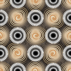 Abstract geometric seamless pattern. Vector decorative floral background. Swirls, spirals, radial circles, lines, stripes, shapes, flowers. Modern ornaments. Design for fabric, textile, prints, decor