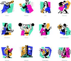 A set of icons on the theme of art forms. Music, choreography, singing, literature, theater, circus. Vector flat illustration. Hobbies of creative people. Icons for the site, banner and print. Emblems