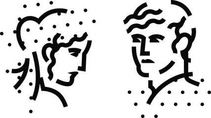 Signs, the logo of the male and female heads. A linear icon of a man and a woman. Vector flat illustration. Abstract image. Classical images. Signboard for men and women's toilet.