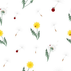 Obraz premium Dandelion yellow flowers and head seeds flying with ladybugs seamless pattern. Surface floral design. Great for vintage fabric, wallpaper, giftwrap, scrapbooking. Wildflowers on white background