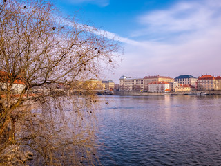 landscape view from charles bridge with boat and ship Vltava river beautiful old town prague .czech...