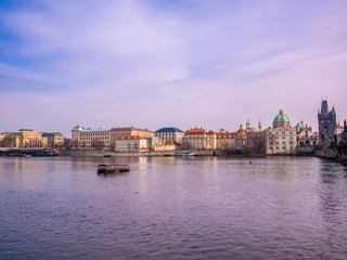 Fototapeta na wymiar landscape view from charles bridge with boat and ship Vltava river beautiful old town prague .czech republic.