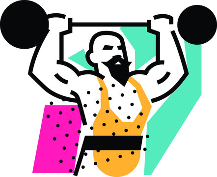 Illustration of the strongman, weightlifter, circus. Icon logo for circus or sports studio. An illustration for a site, a poster, a postcard. Image is isolated on white background. Vector illustration