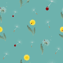 Dandelion yellow flowers and head seeds flying with ladybugs seamless pattern. Surface floral design. Great for vintage fabric, wallpaper, giftwrap, scrapbooking. Wildflowers on green blue background