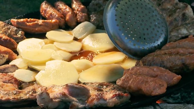 Slow motion of food grilling in a disc grill