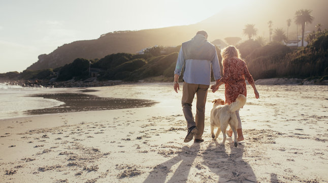 Senior couple with pet dog at the beach
