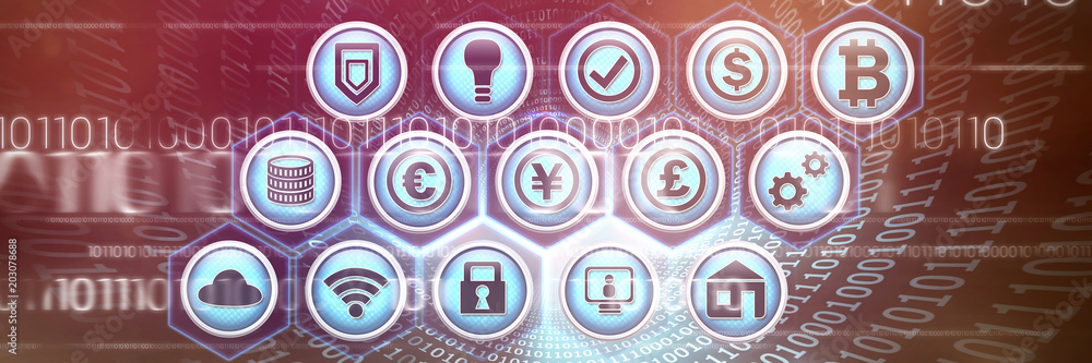 Poster various vector icons against spiral of shiny binary code