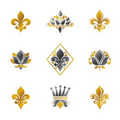 Royal symbols Lily Flowers, floral and crowns, emblems set. Heraldic vector design elements collection. Retro style label, heraldry logo.