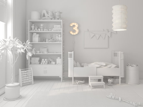 White Children room scandinavian style 3D rendering