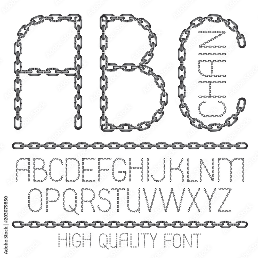 Poster set of vector english alphabet letters, abc isolated. upper case decorative font created using metal