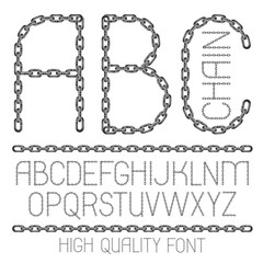 Set of vector English alphabet letters, abc isolated. Upper case decorative font created using metal connected chain link.