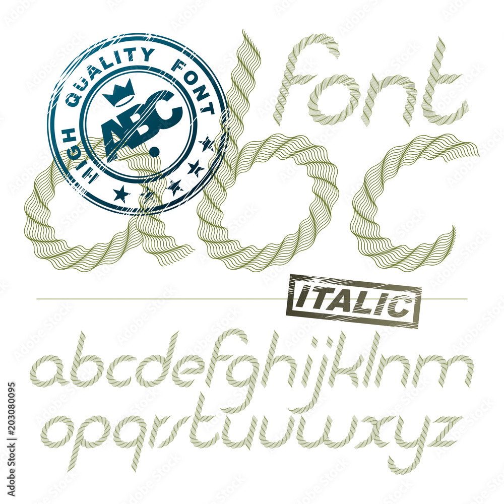 Fototapete vector italic lower case alphabet letters collection made with spirograph pattern, guilloche ornamen