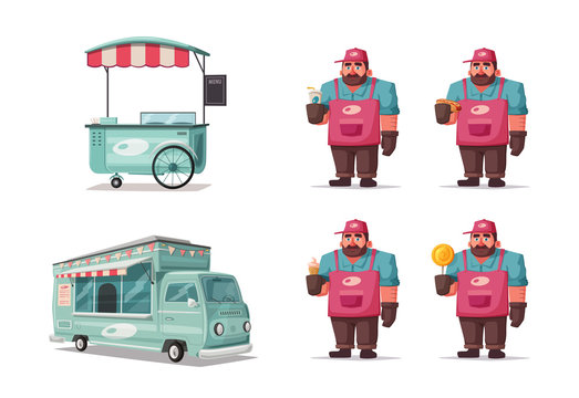 Street food and beverages funny hawker. Cartoon vector illustration. Seller or chef character