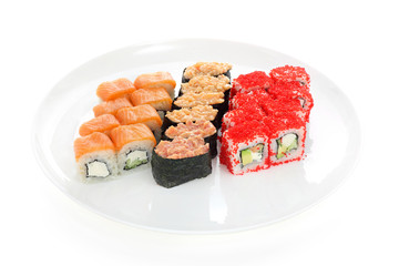 set of sushi on a plate isolated on a white background