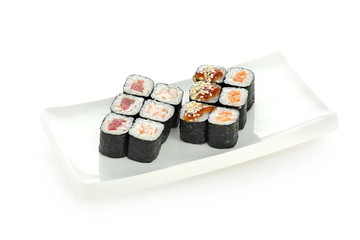 set of sushi on a plate isolated on a white background