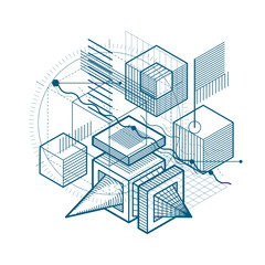 Vector background with abstract isometric lines and figures. Template made with cubes, hexagons, squares, rectangles and different abstract elements.