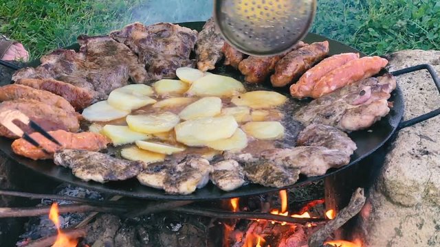 Slow motion of food grilling in a disc grill