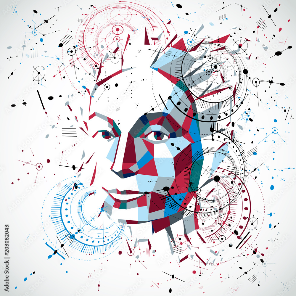 Poster artificial intelligence head, low poly style 3d vector wireframe object broken into different partic