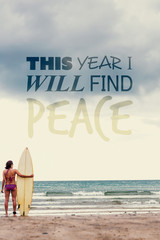 Calm woman in bikini with surfboard on beach against this year i will find peace