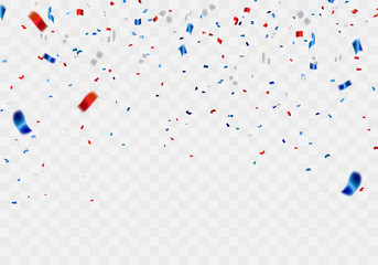Celebration background template with confetti and red and blue ribbons. - obrazy, fototapety, plakaty