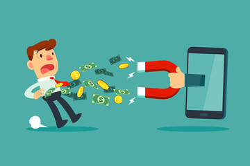 large magnet from smart phone screen attract money from a businessman