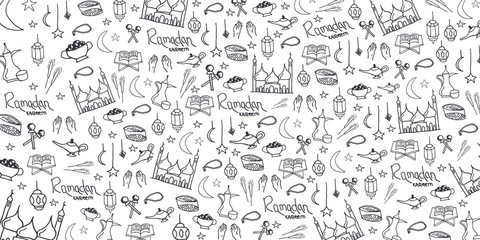 Illustration of Ramadan Kareem with hand draw doodle background for the celebration of Muslim community festival
