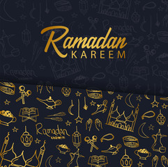 Fototapeta na wymiar Illustration of Ramadan Kareem with hand draw doodle background for the celebration of Muslim community festival