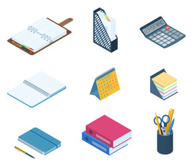 Flat vector isometric illustration of office desktop workplace supply set. Vector stationery: business and school planner, notebook, desk organizer, document storage, memo notes, calendar, calculator.