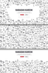 Set Illustrations of Ramadan Kareem with hand draw doodle background for the celebration of Muslim community festival