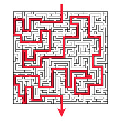 Complex maze puzzle game - 3 (high level of difficulty) with way (exit or answer). Labyrinth as business concept. Success