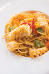 Top of view Spicy Spaghetti seafood , italian food