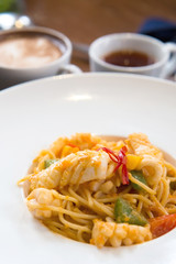 Top of view Spicy Spaghetti seafood , italian food