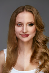 Fototapeta premium Makeup Power. Woman Face Before And After Beauty Makeup