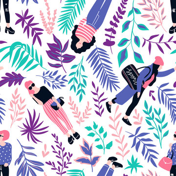 Fashionable young women in casual style with tropical leaves on the white background. Vector hand drawn stylish seamless pattern with girls. Tropical fabric design. © Utro na more