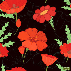 Seamless red flowers, black background.