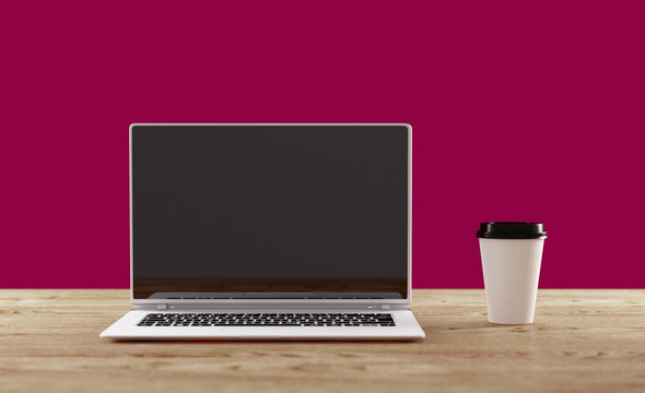 Front view of cup and laptop on wooden table in office on purple background. Isolated. 3D illustration.