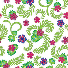 A simple floral pattern, convenient for editing and repainting. Graceful green pink floral pattern on a white background. Vector.