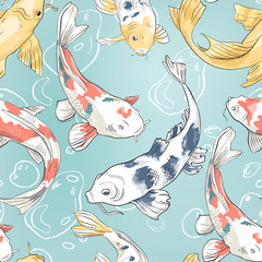 Seamless pattern with koi and bubbles in the pond Background with colorful fish