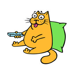 Cartoon cat with control panel for TV. Vector illustration.