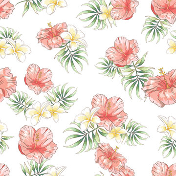 Seamless pattern with hand drawn hibiscus , plumeria flower and palm leaves  on white background, Wallpaper with tropical flowers Stock Vector | Adobe  Stock