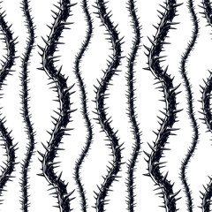 Horror art style seamless pattern, vector background. Blackthorn branches with thorns stylish endless illustration. Hard Rock and Heavy Metal subculture music textile fashion stylish design.