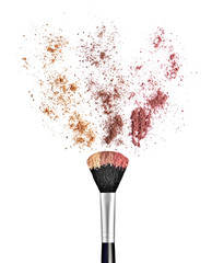 close up of  a make up powder brush on white background