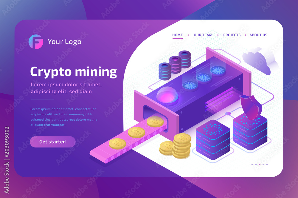 Poster bitcoin cryptomining farm concept. blockchain concept of mining virtual money. landing page template