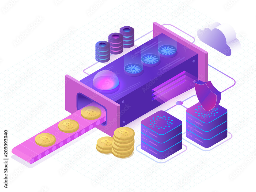 Poster bitcoin cryptomining farm concept. blockchain concept of mining virtual money. landing page template