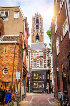 Traditional old street and buildings  in Utrecht, Netherlands.