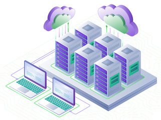 Cloud computing technology and server room concept. Landing page template. 3d isometric vector illustration.