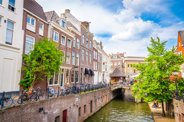 Traditional old street and buildings  in Utrecht, Netherlands.